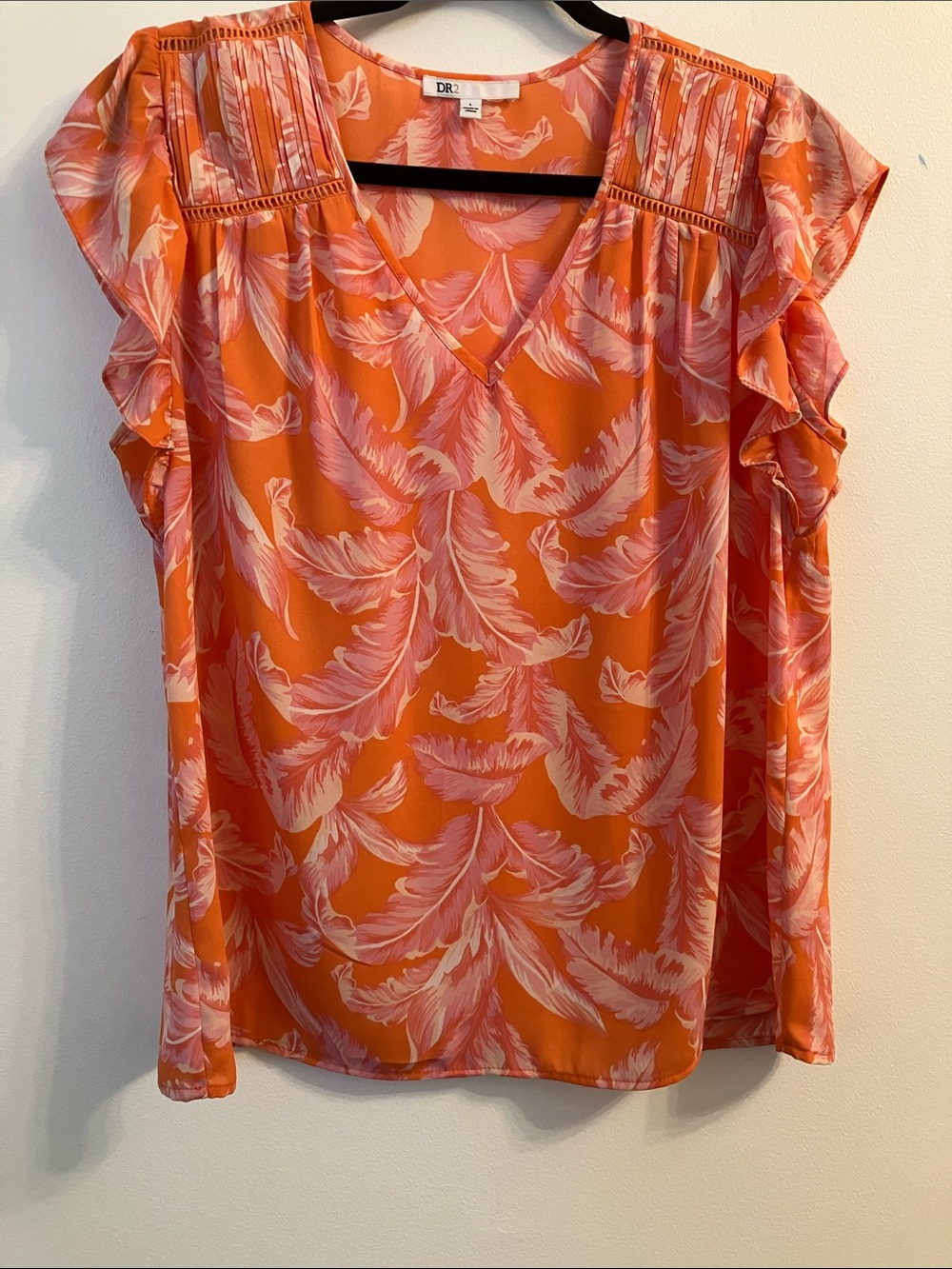 DR2 Orange Feather-Print V-Neck Ruffle Sleeve Blouse